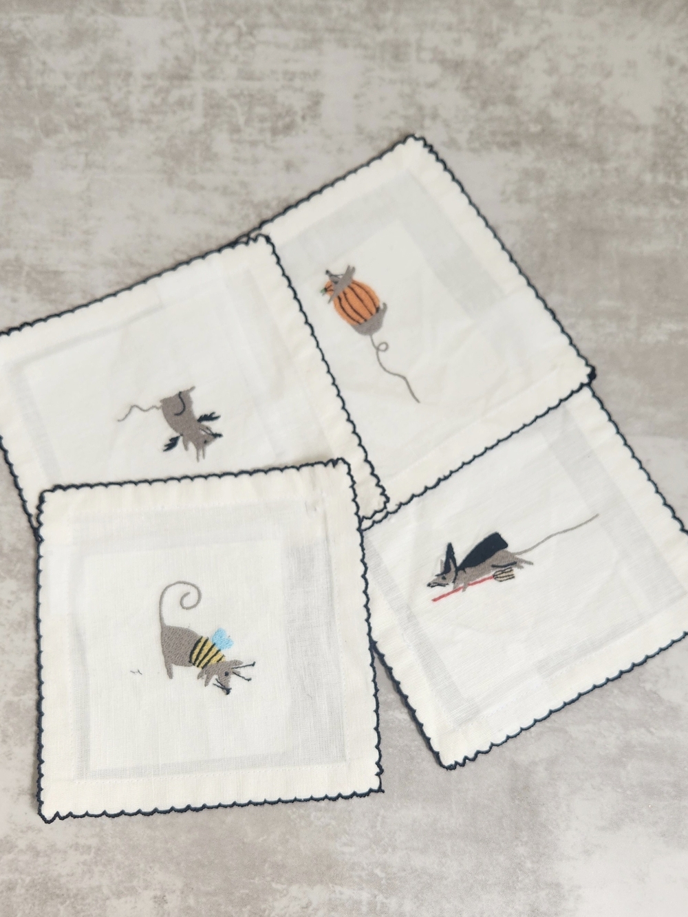 West Elm Embroidered Halloween Mice Print White Linen Cocktail Napkins Boho Luxe